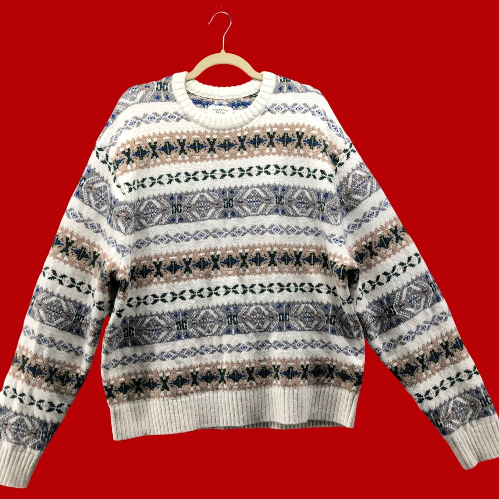 American Eagle Fair Isle Knit Sweater Mens L Cream Blue Nordic Sample Preppy